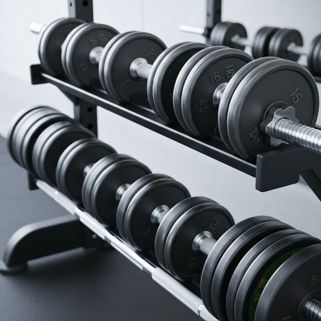 A rack of various black and silver dumbbells neatly arranged in a gym.