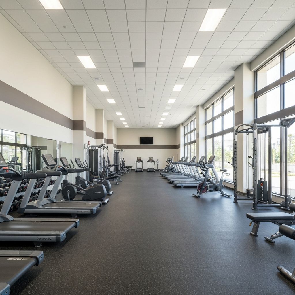 Spacious gym with rows of treadmills, ellipticals, and strength training equipment.