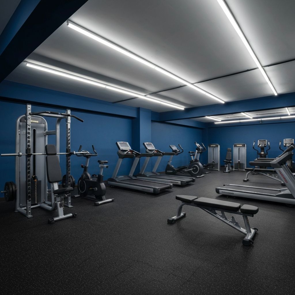 Modern gym interior with dark blue walls, multiple treadmills, weight machines, and a workout bench.