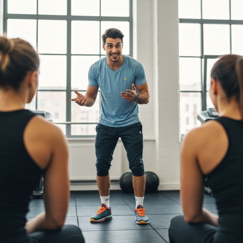 Male fitness instructor conversing with two female clients in a modern gym setting.